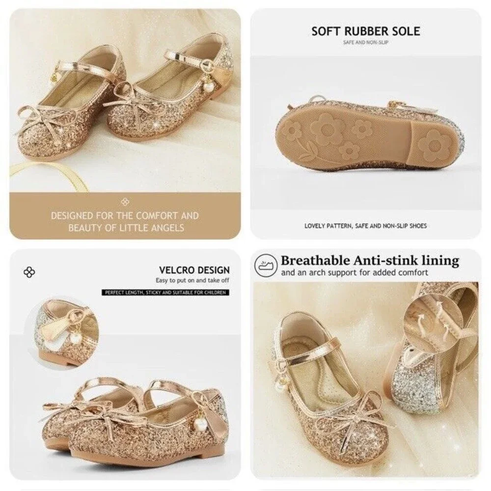 Girls Kids Flat Dress Shoes Size 9 Golden Shiny Princess Wedding Party Beaded